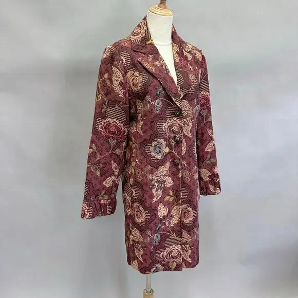 CAbi burgundy Jacobean burgundy floral jacquard tapestry long jacket Size 14